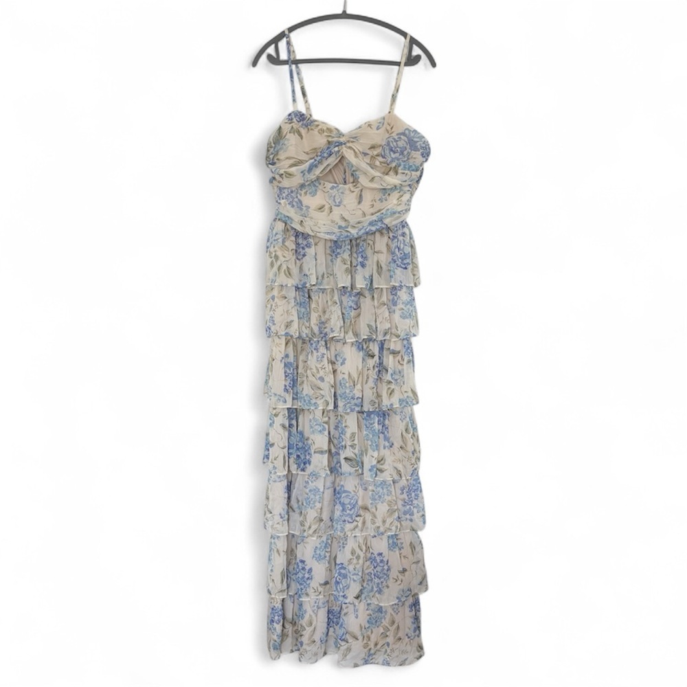 Lulus Arata Beige Blue Floral Cutout Tiered Maxi Dress size XL Sheer Big Florals - Picture 5 of 13